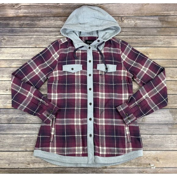 Marmot Hoodie Sweater Women Size Medium Red‎ Gray Plaid Long Sleeve Button Up - Picture 1 of 15